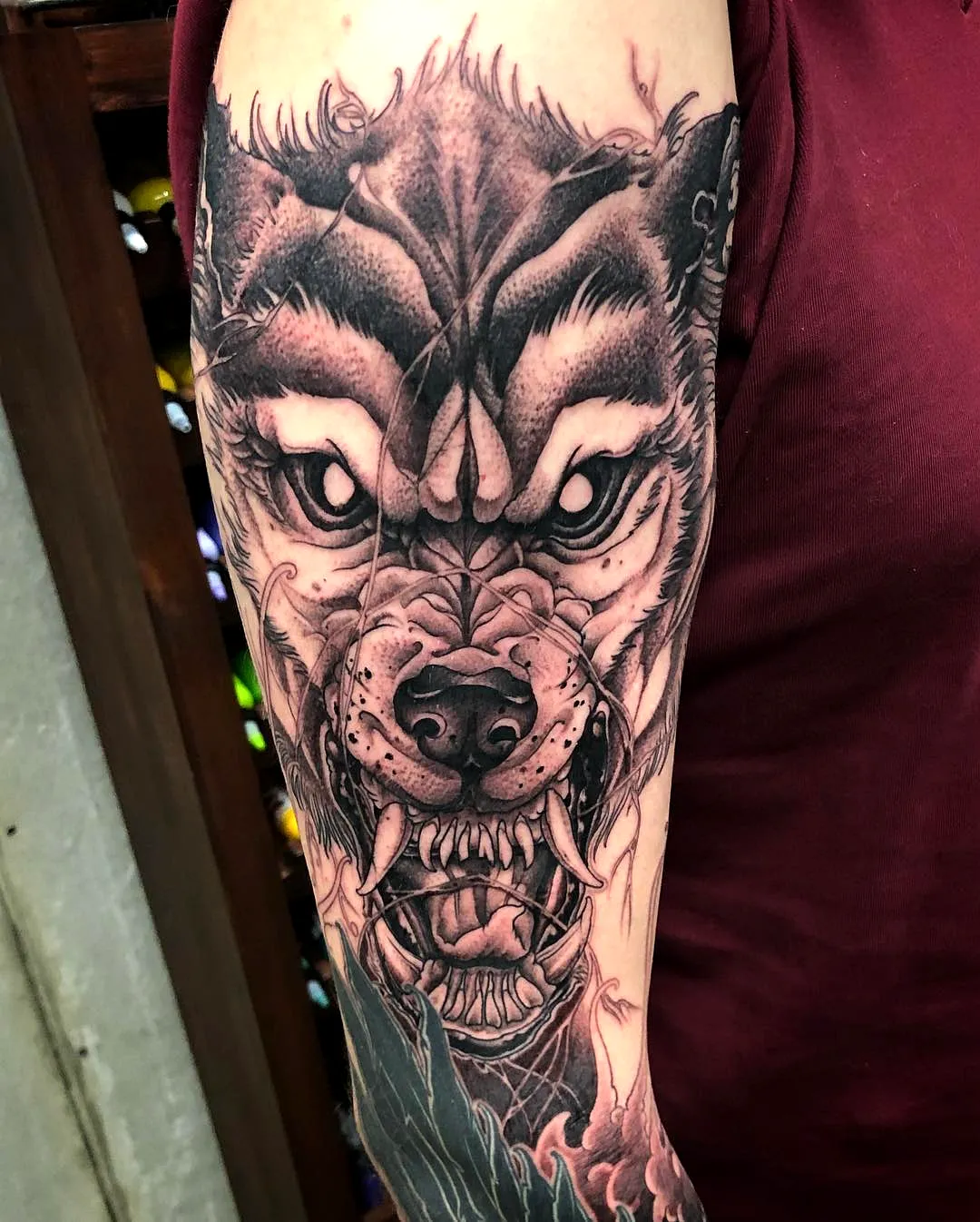 Fierce Wolf Forearm Tattoo in Black Gray
