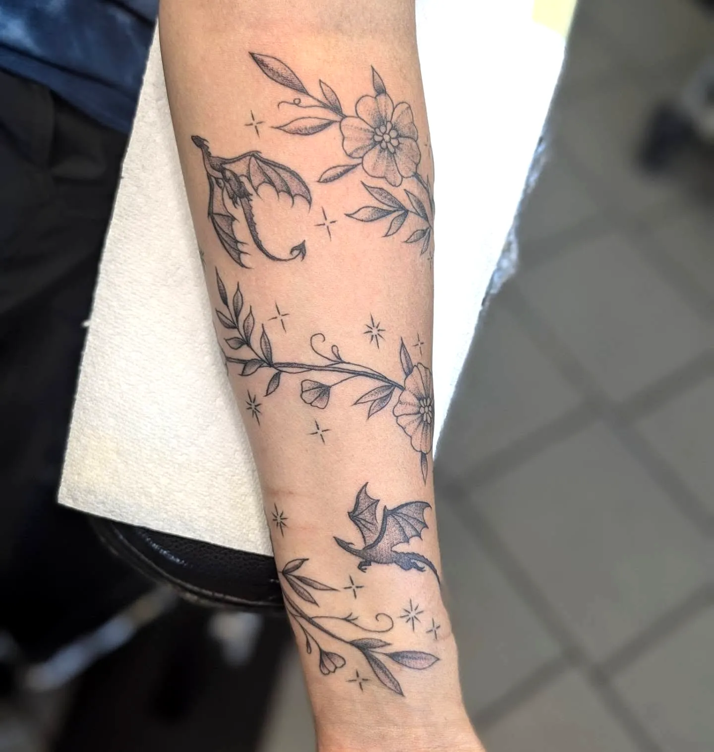 Floral Bats Forearm Tattoo with Vines