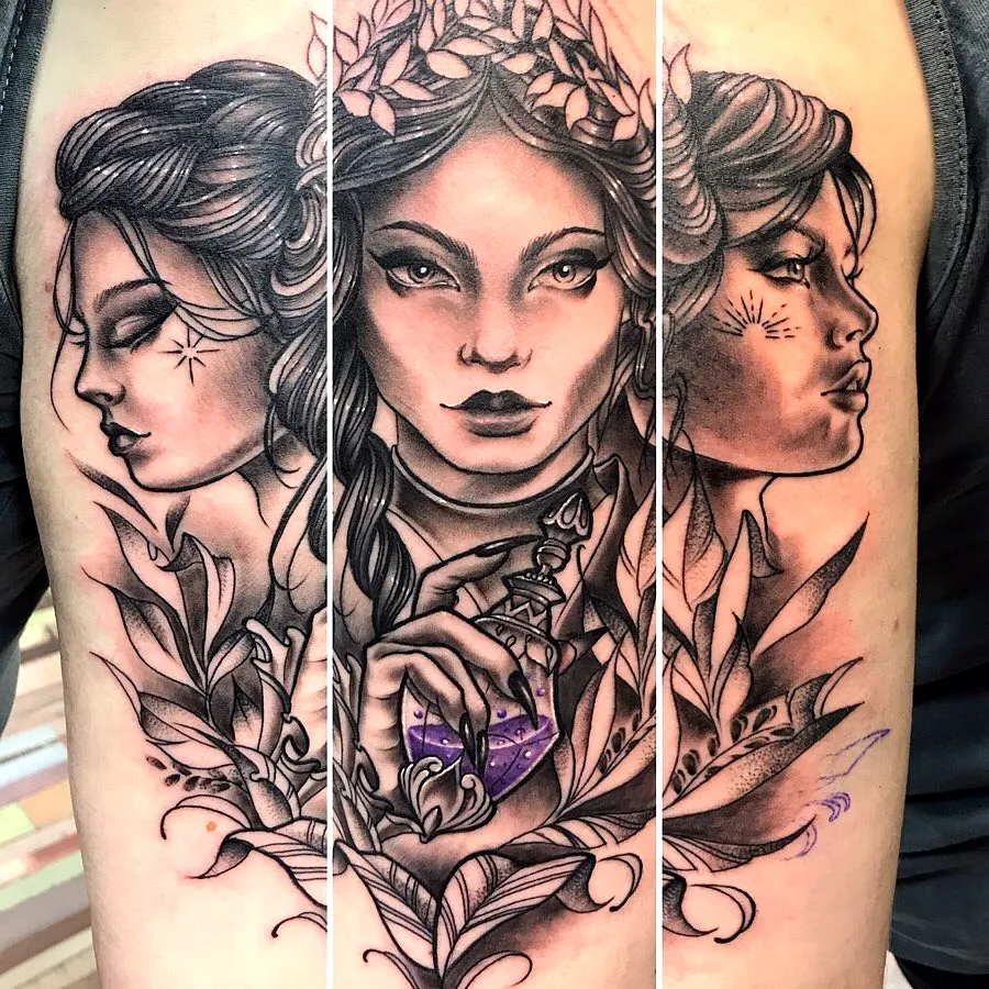 Floral Female Face Arm Tattoo