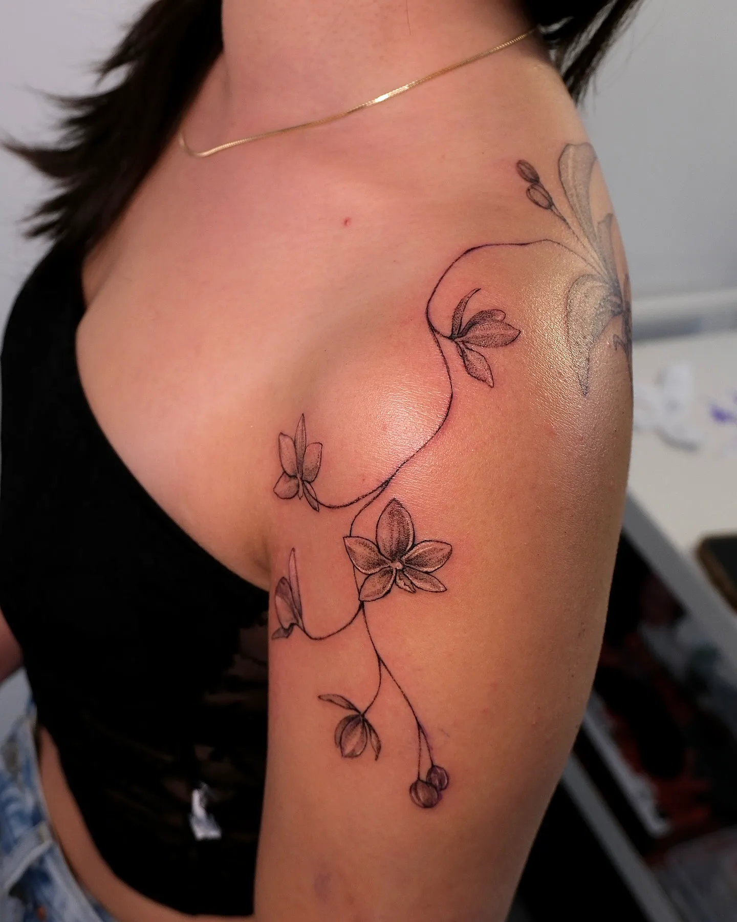 Floral Shoulder Tattoo with Black and Gray