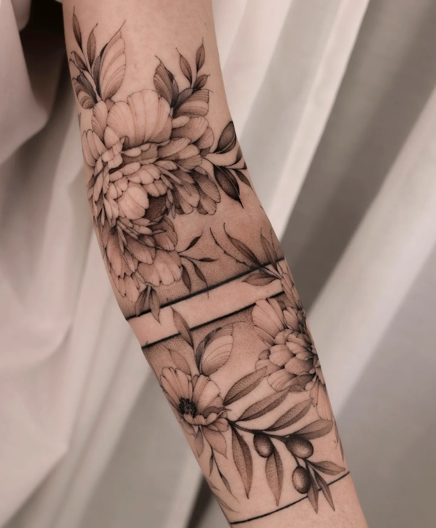 Floral Sleeve Tattoo in Black and Gray
