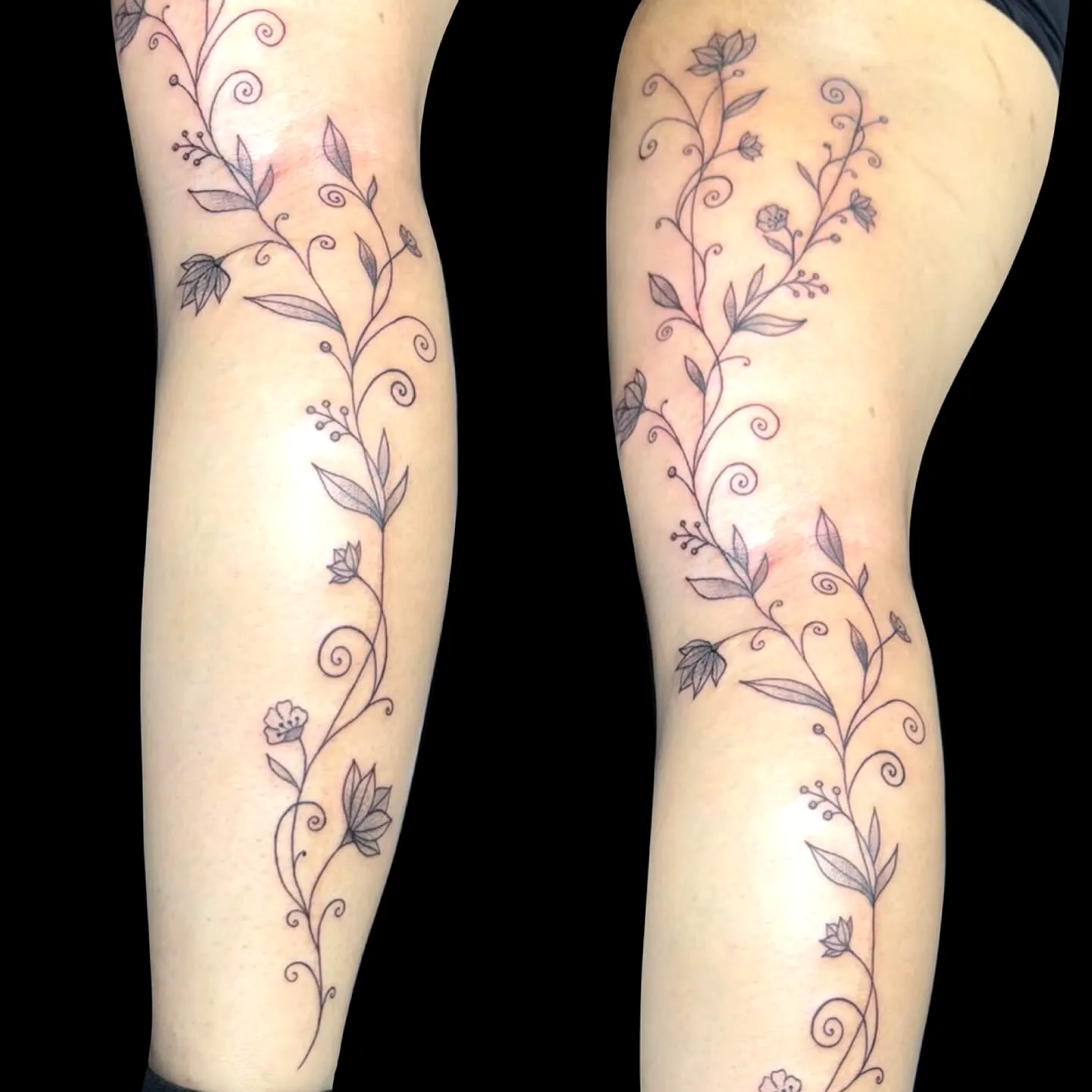Floral Vine Leg Tattoo in Black Ink