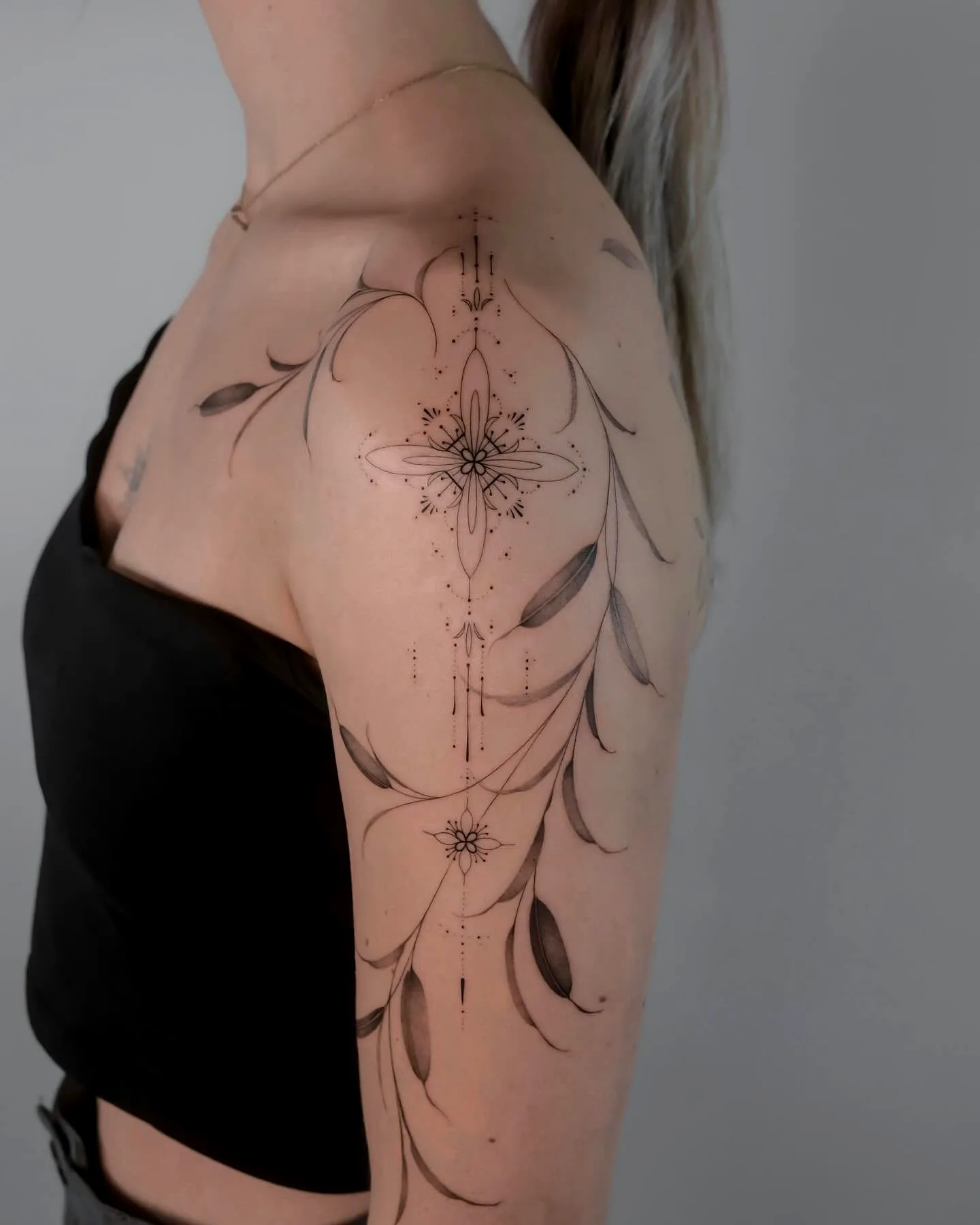Floral Vine Shoulder Tattoo in Black and Gray