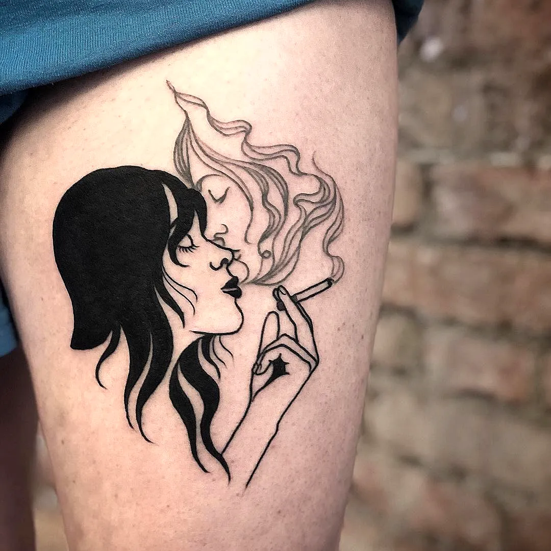 Flowing Hair Thigh Tattoo with Smoke