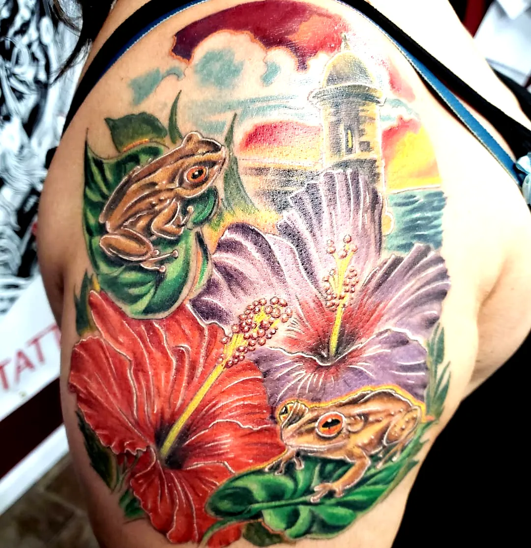 Frog Shoulder Tattoo with Hibiscus Flowers