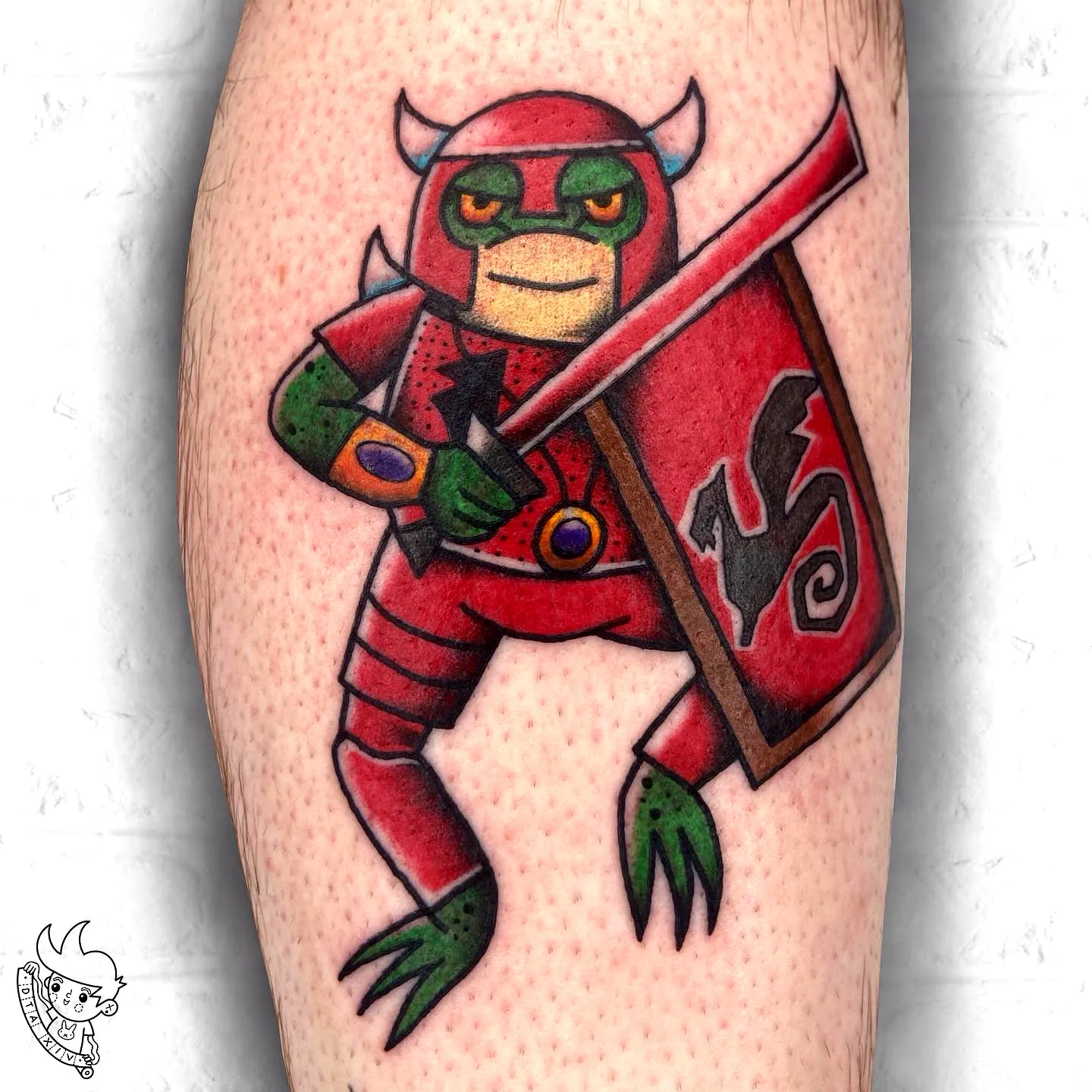 Frog Warrior Arm Tattoo in Vibrant Colors