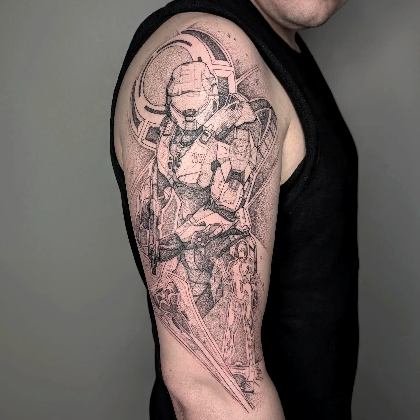 Futuristic Armored Character Upper Arm Tattoo