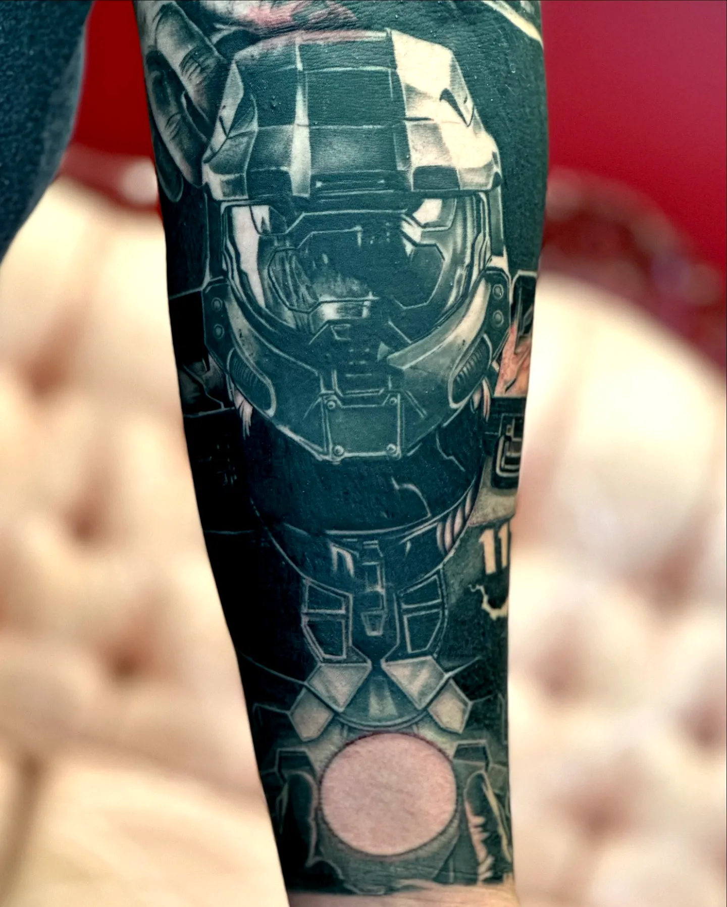 Futuristic Armored Figure Forearm Tattoo