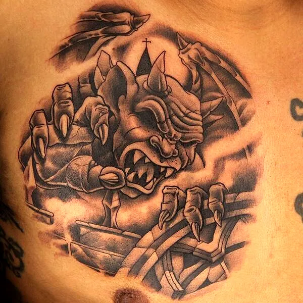Gargoyle Arm Tattoo in Black and Gray
