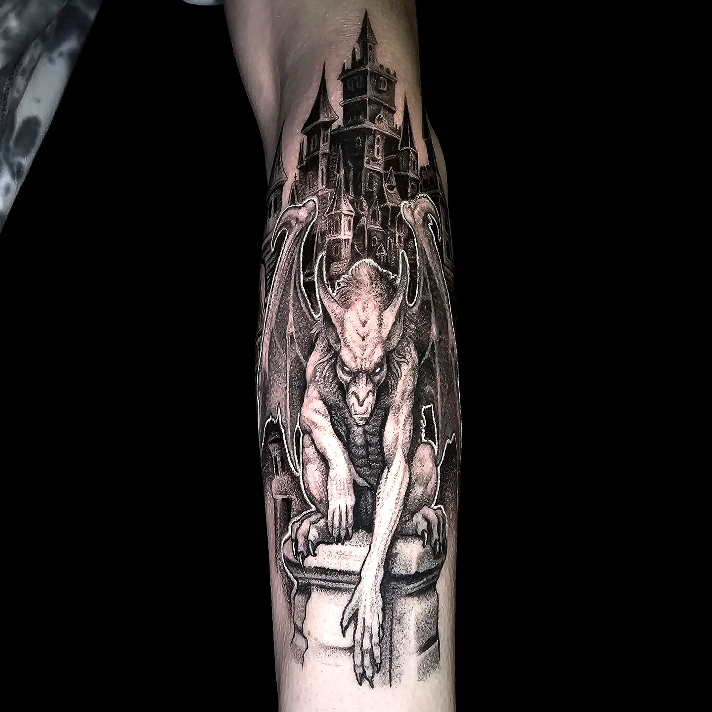 Gargoyle Arm Tattoo in Gothic Style