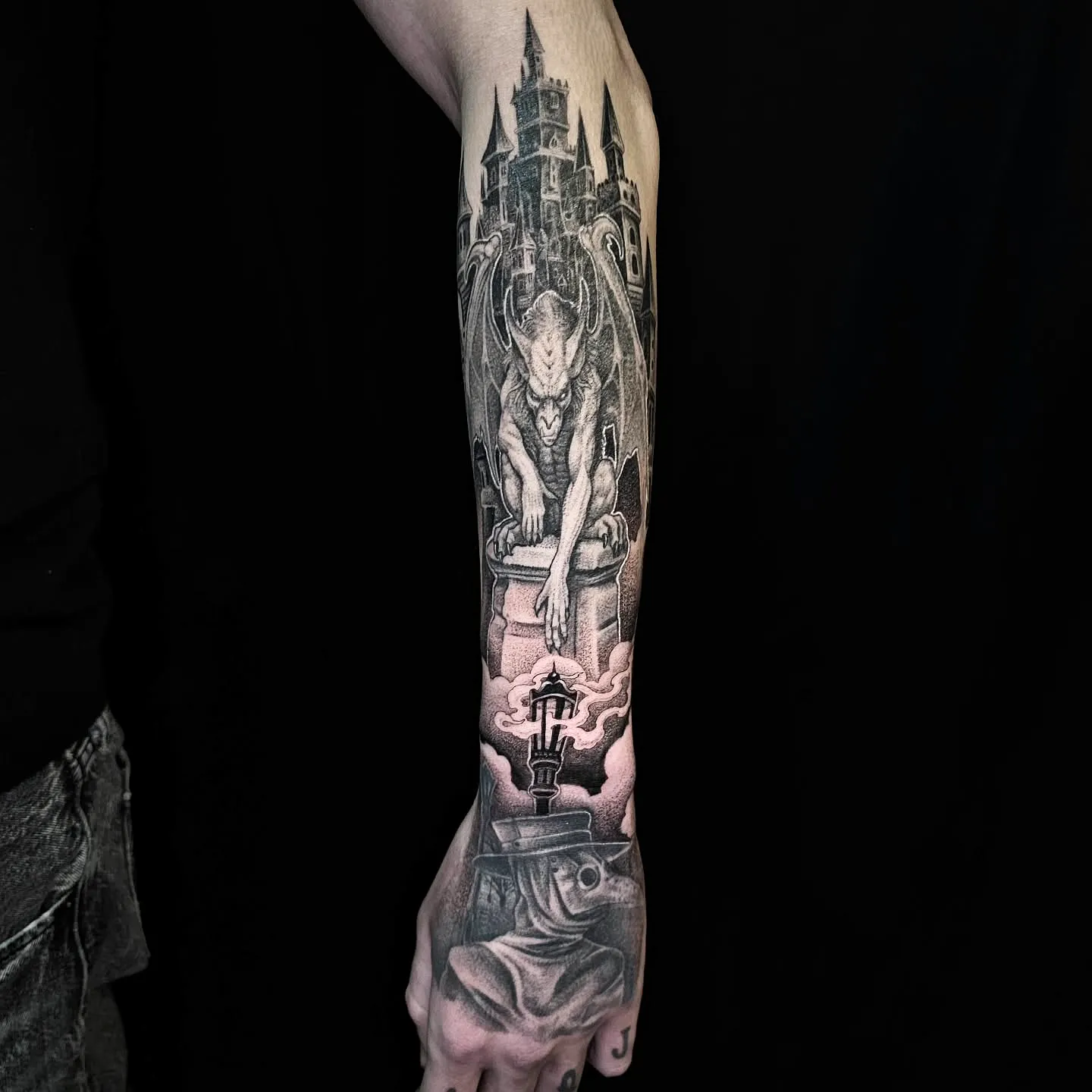 Gargoyle Forearm Tattoo in Black and Gray