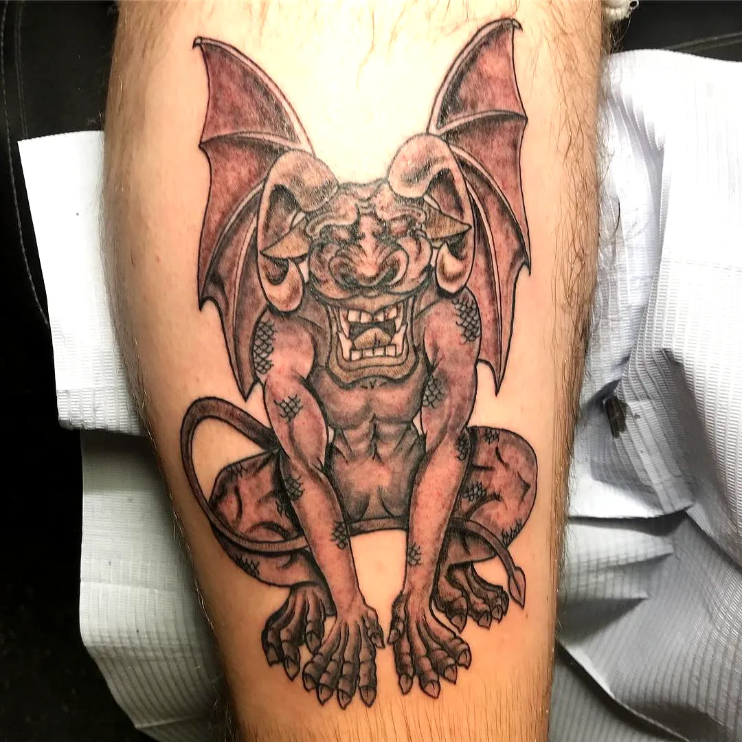 Gargoyle Shin Tattoo in Gray and Black