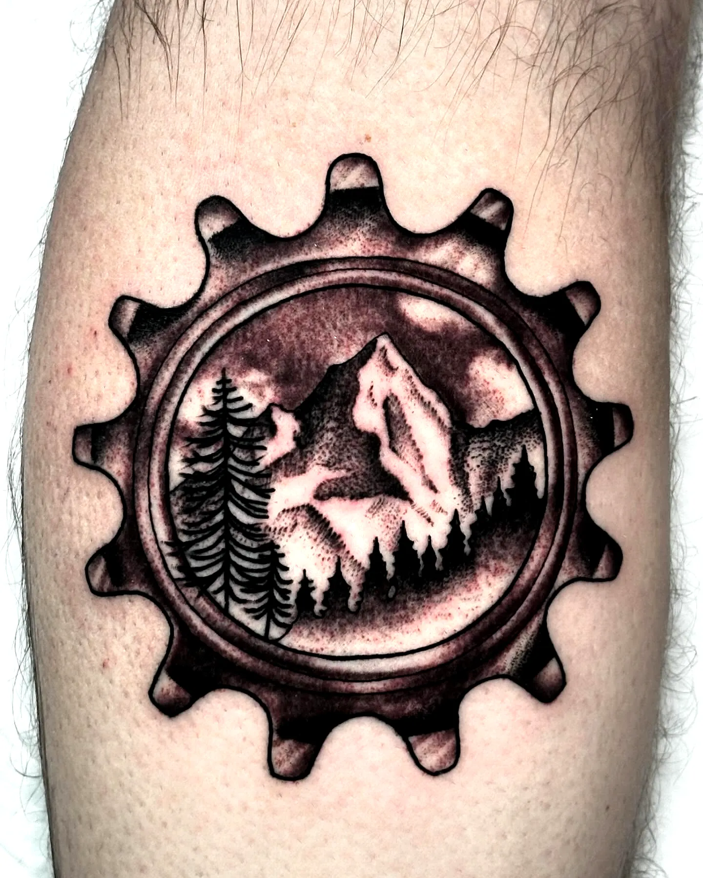 Gear Landscape Arm Tattoo