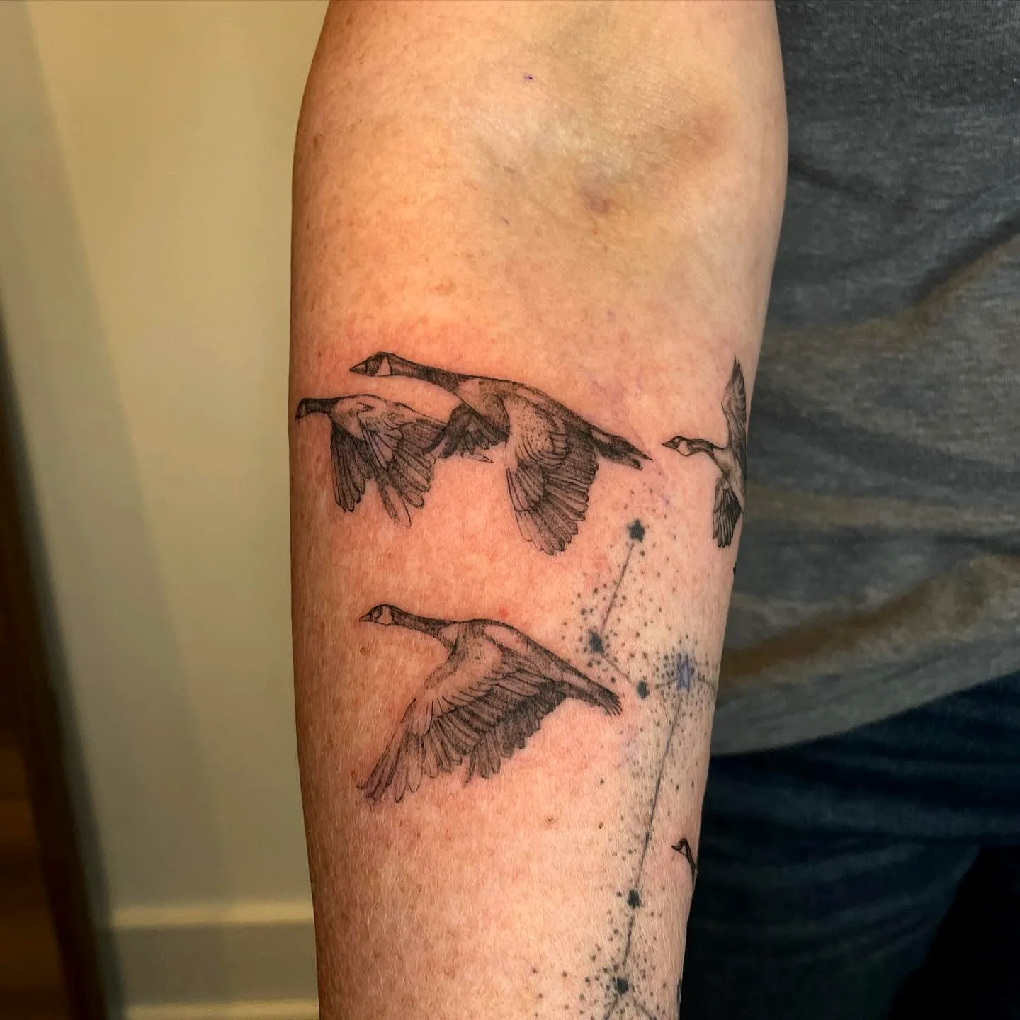 Geese Forearm Tattoo with Watercolor Effect