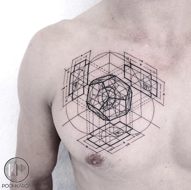 Geometric Black Ink Chest Tattoo