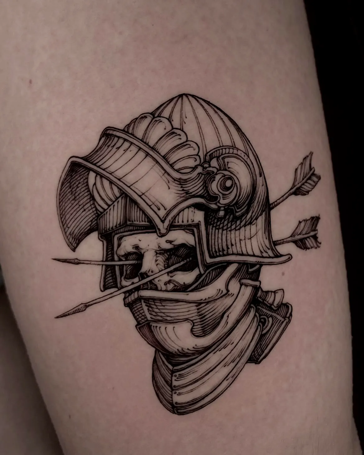 Gladiator Helmet Arm Tattoo in Black Gray