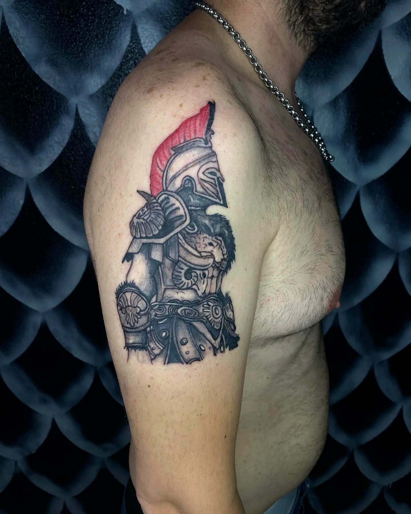 Gladiator Upper Arm Tattoo in Black and Gray