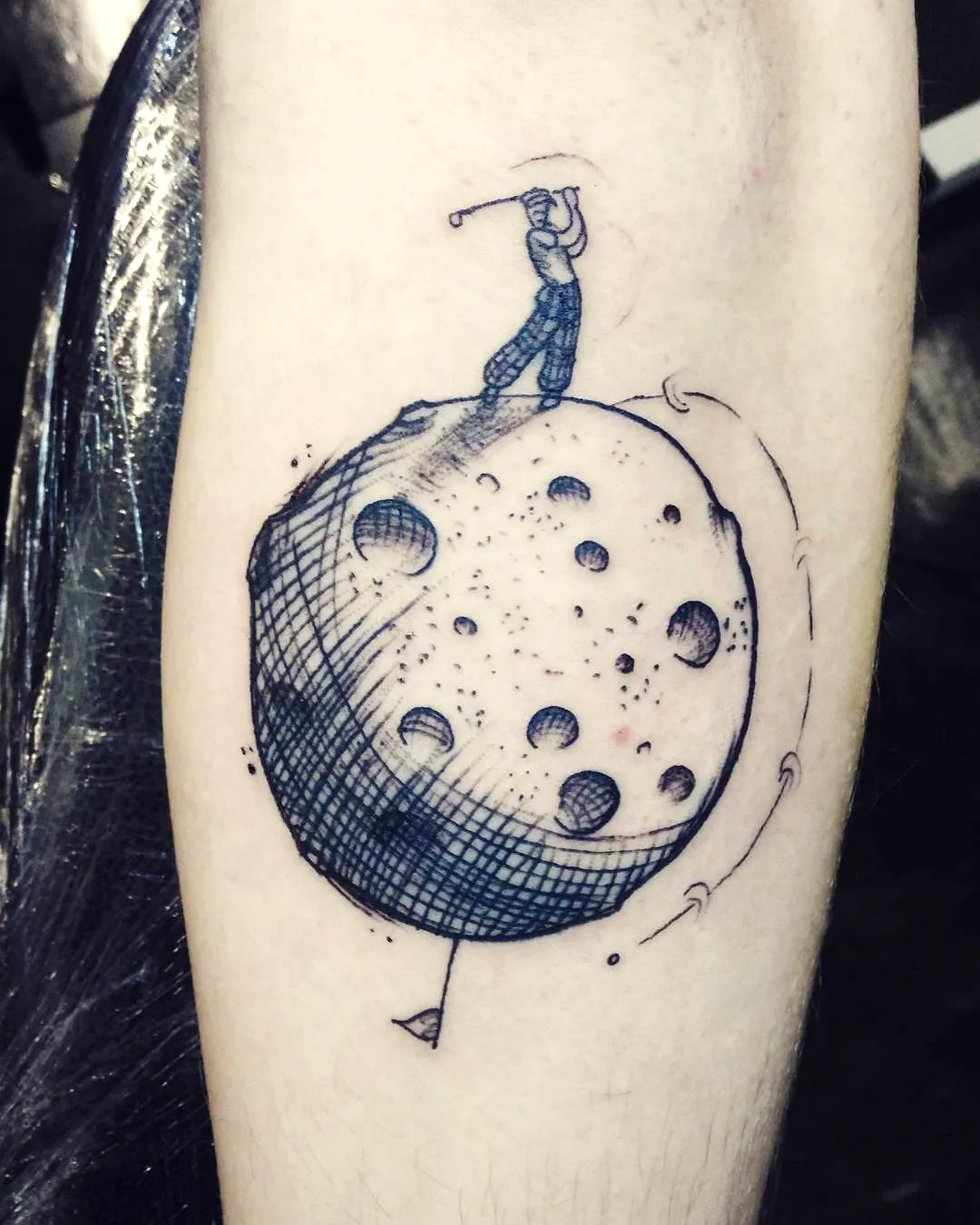 Golfer Moon Arm Tattoo in Black and Gray