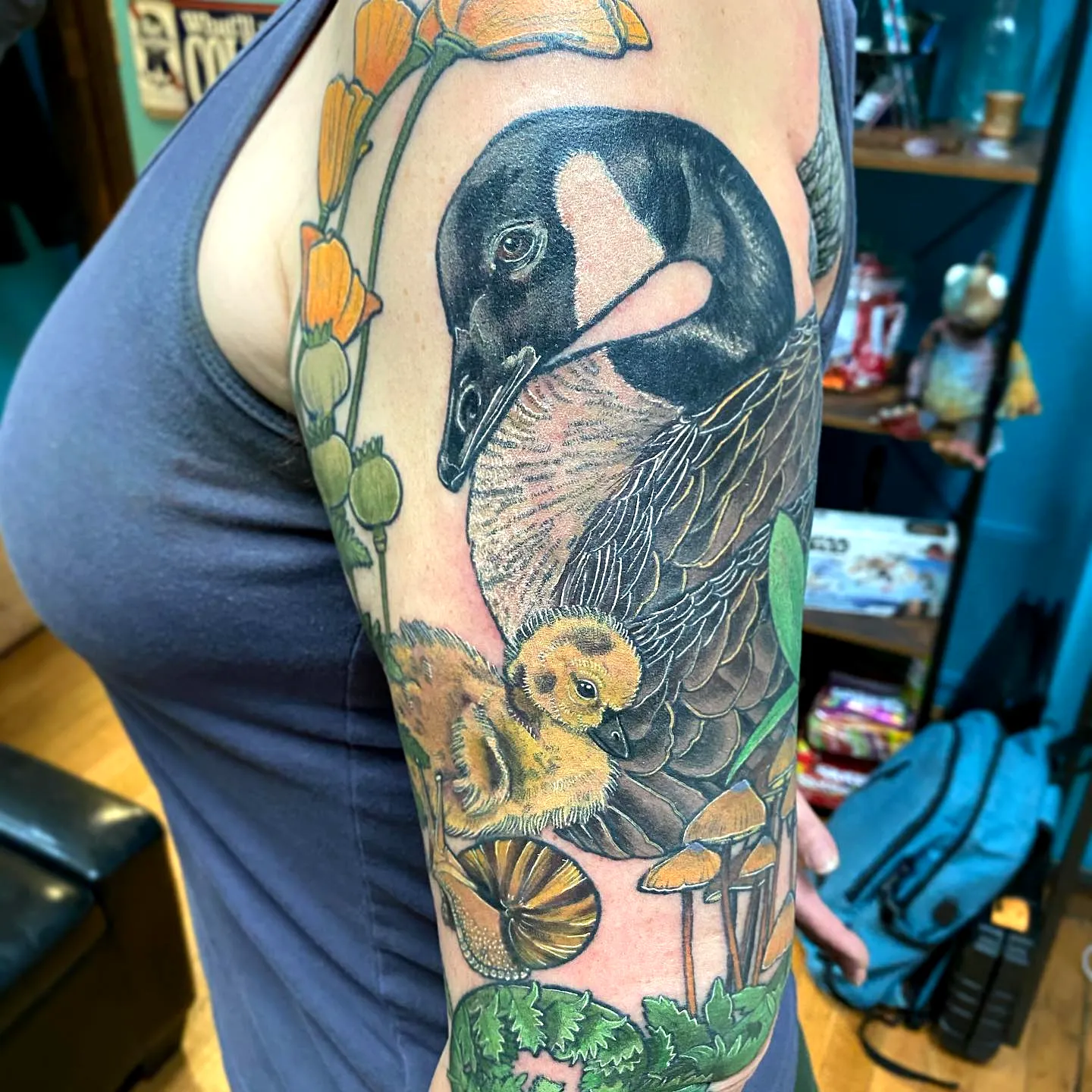 Goose and Gosling Upper Arm Tattoo