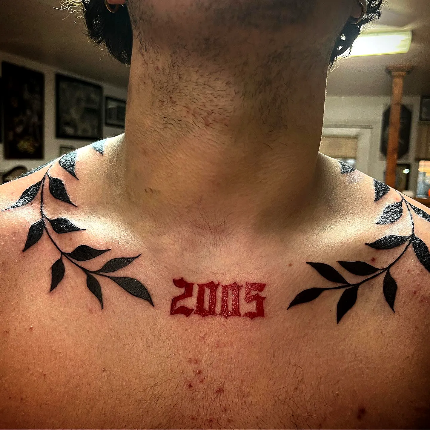 Gothic 2005 Chest Tattoo with Leaf Vines