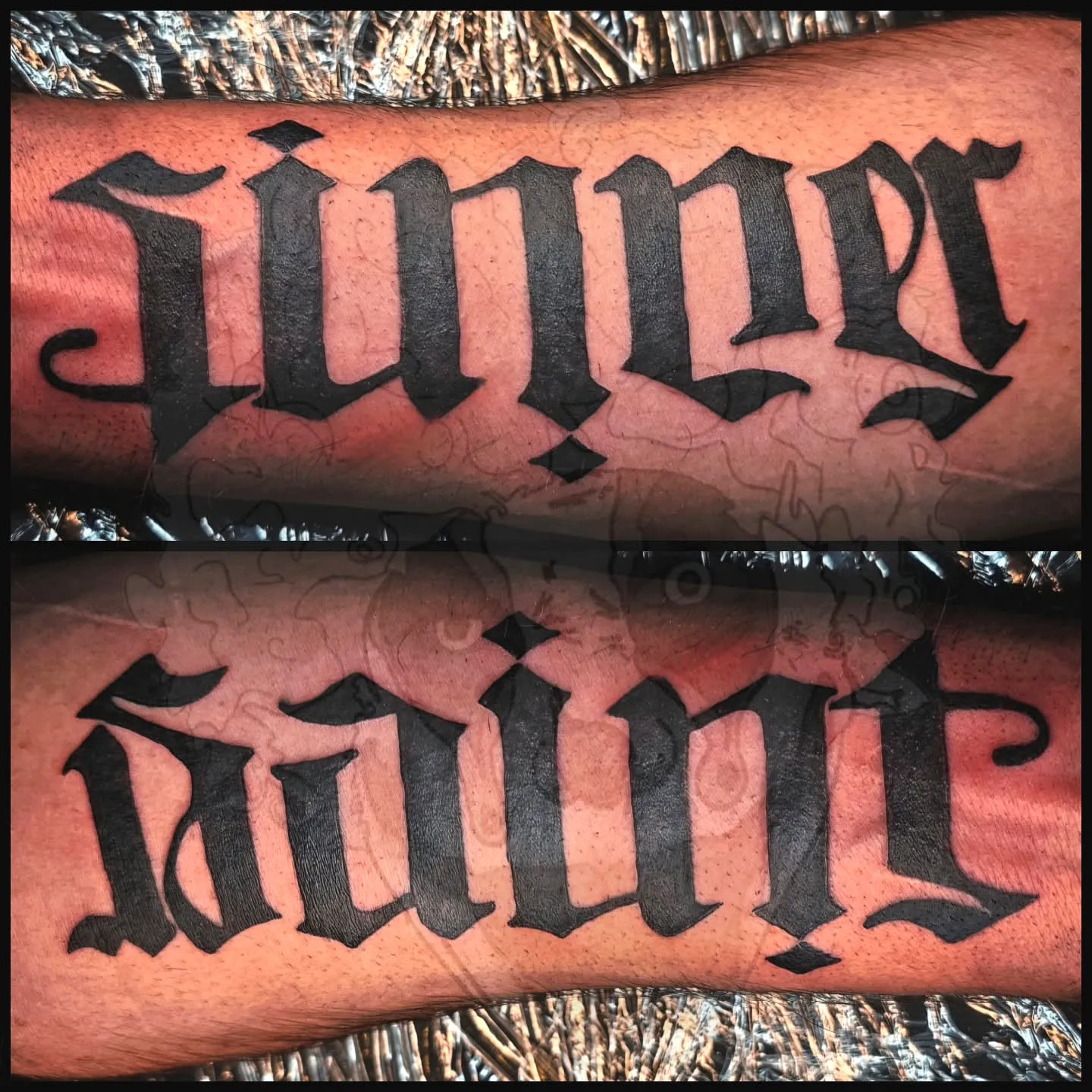 Gothic Forearm Ambigram Tattoo