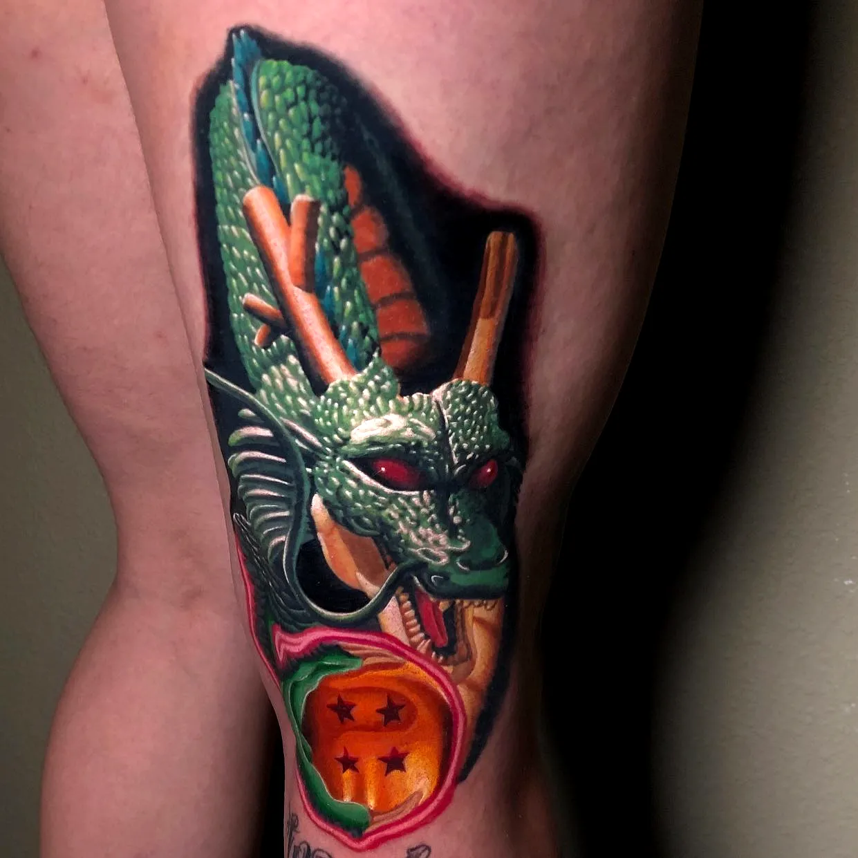 Green Dragon Ball Leg Tattoo