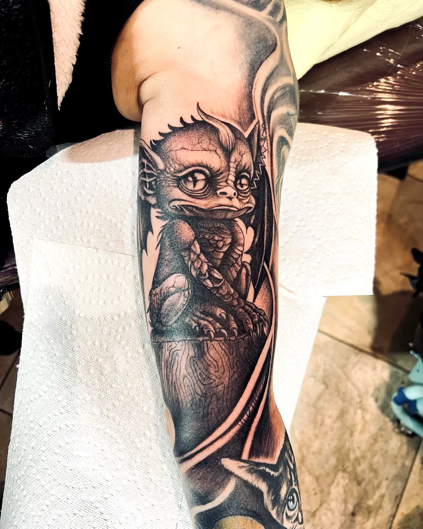 Gremlin Forearm Tattoo in Black and Gray