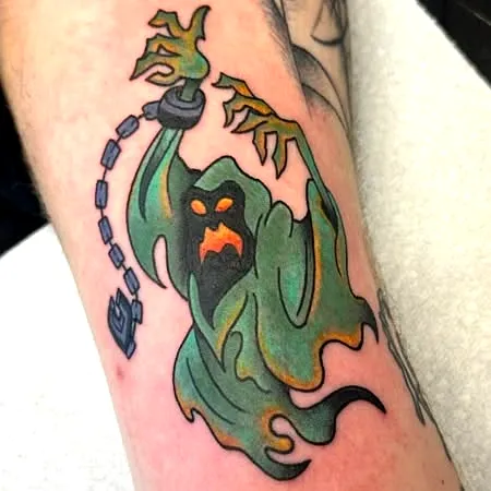 Grim Reaper Arm Tattoo in Green and Orange