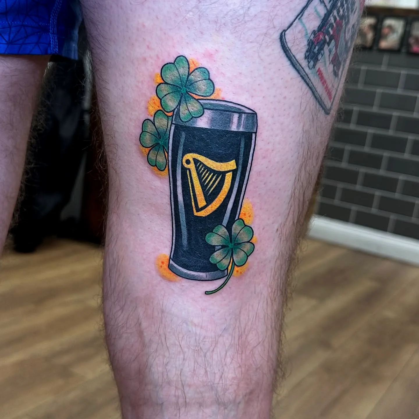 Guinness Leg Tattoo with Shamrocks