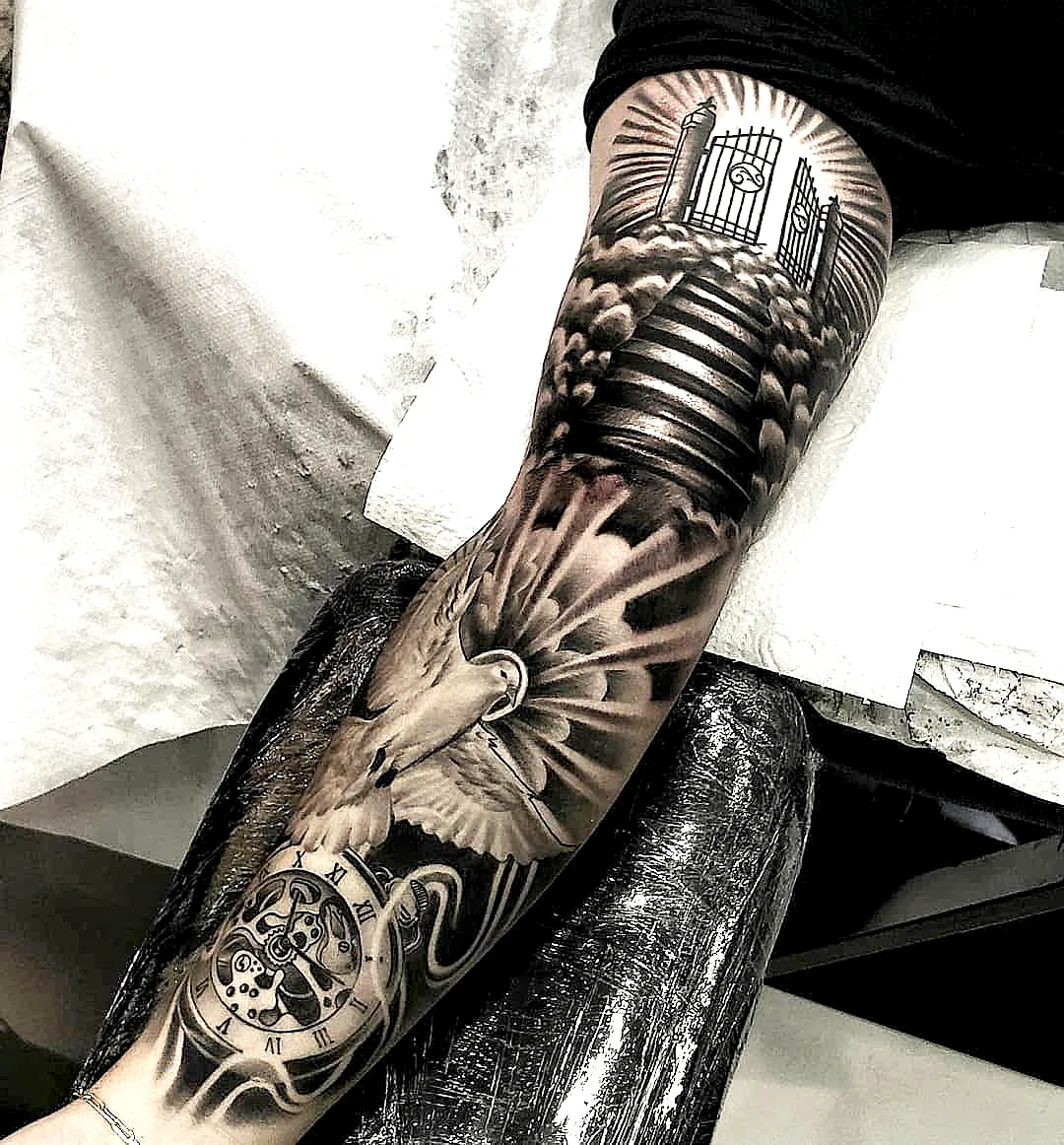 Heaven Black and Gray Forearm Tattoo
