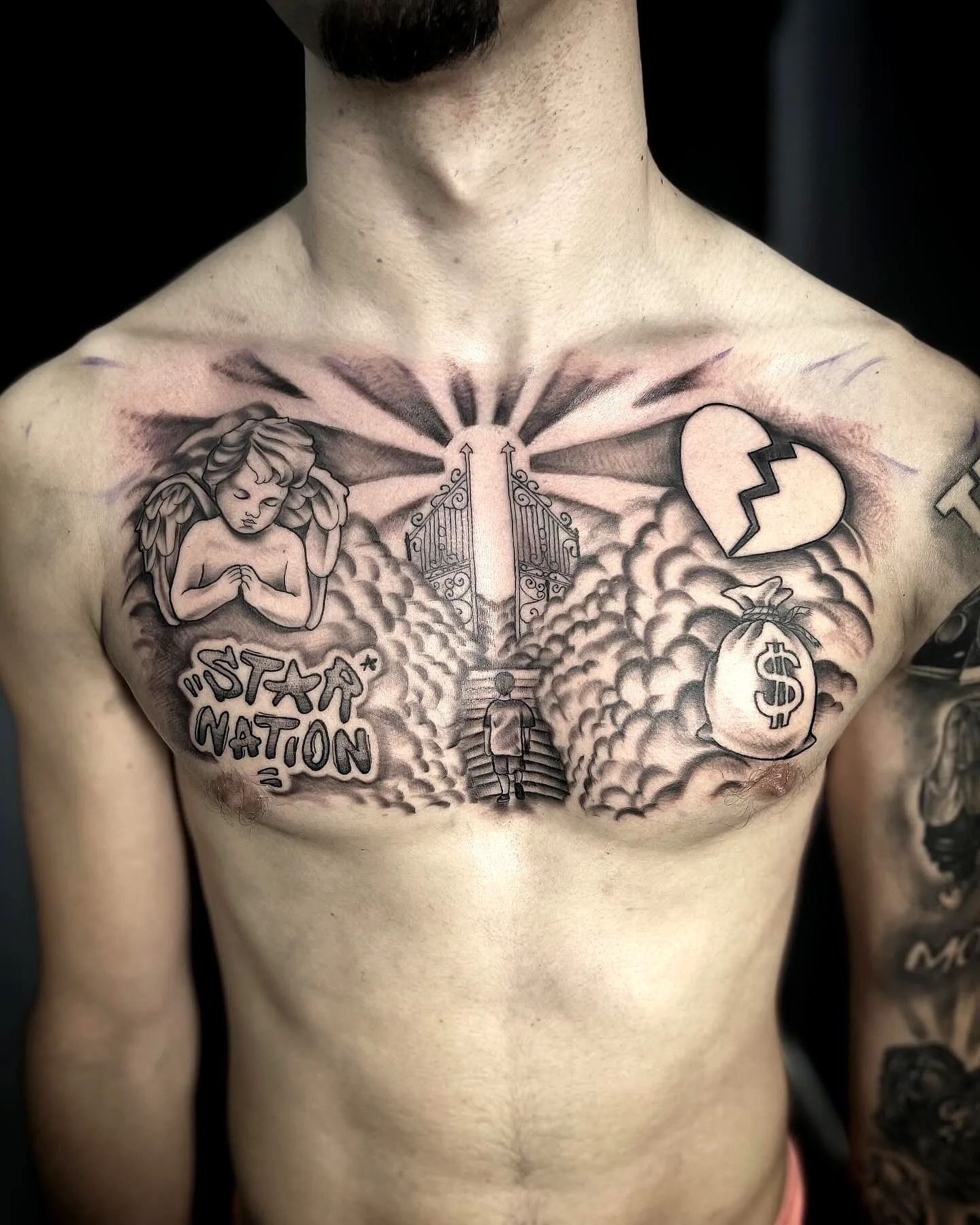 Heavenly Angel Chest Tattoo in Black Gray