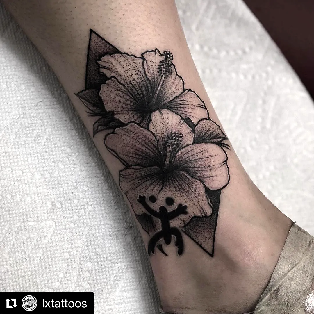 Hibiscus Ankle Tattoo with Whimsical Character