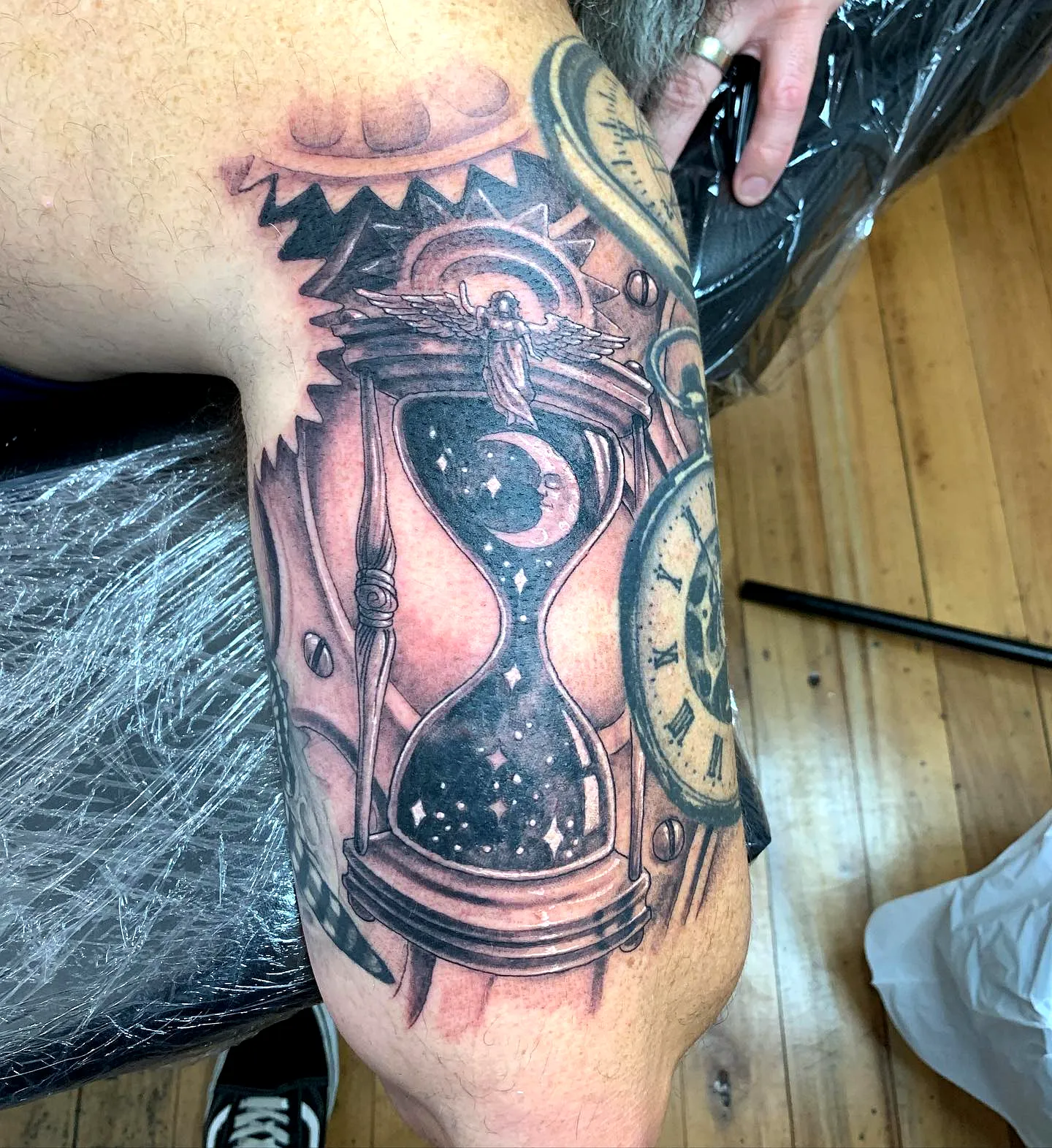 Hourglass Arm Tattoo with Gears