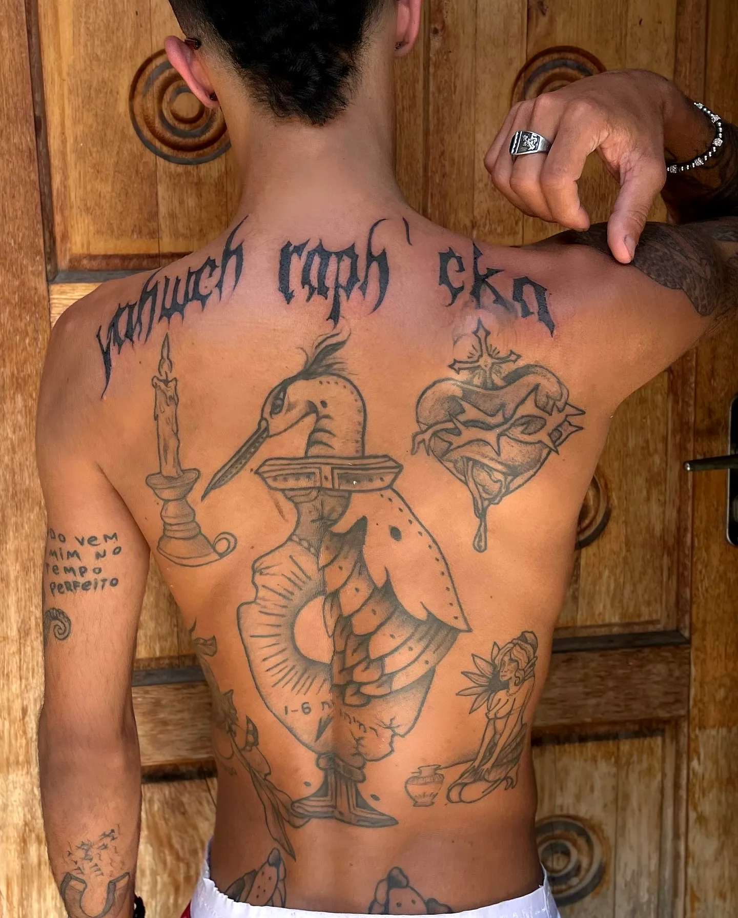 Intricate Bird Back Tattoo in Black and Gray