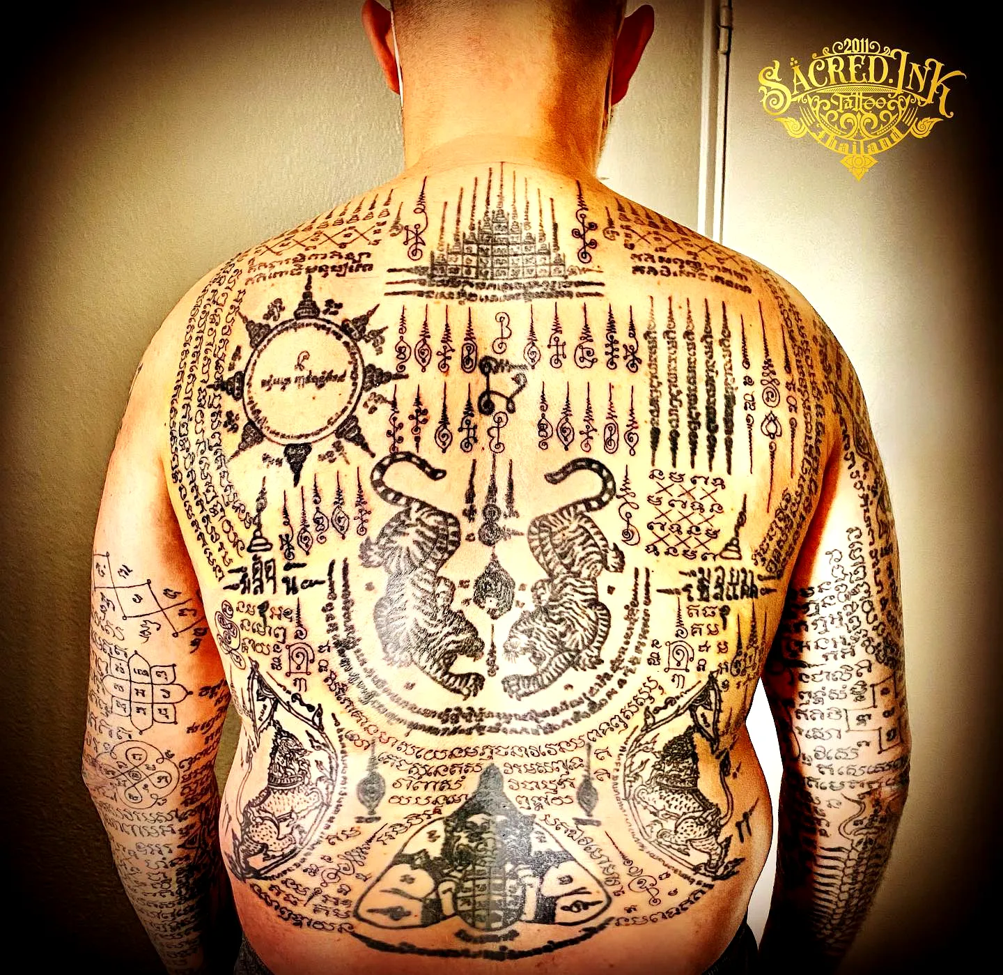 Intricate Black Ink Back Tattoo
