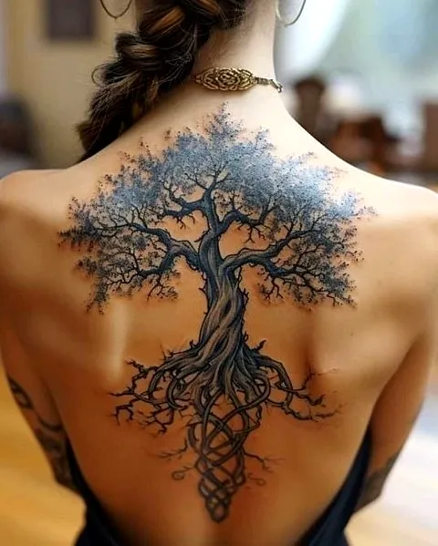 Intricate Blue Yggdrasil Upper Back Tattoo