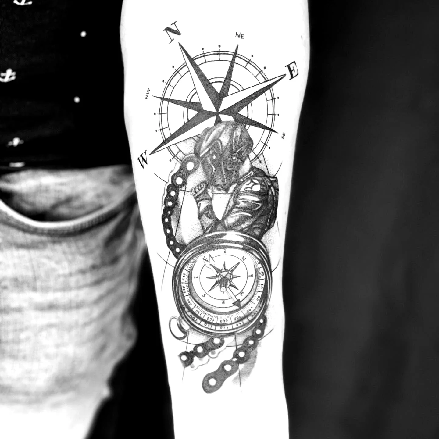 Intricate Compass Octopus Forearm Tattoo