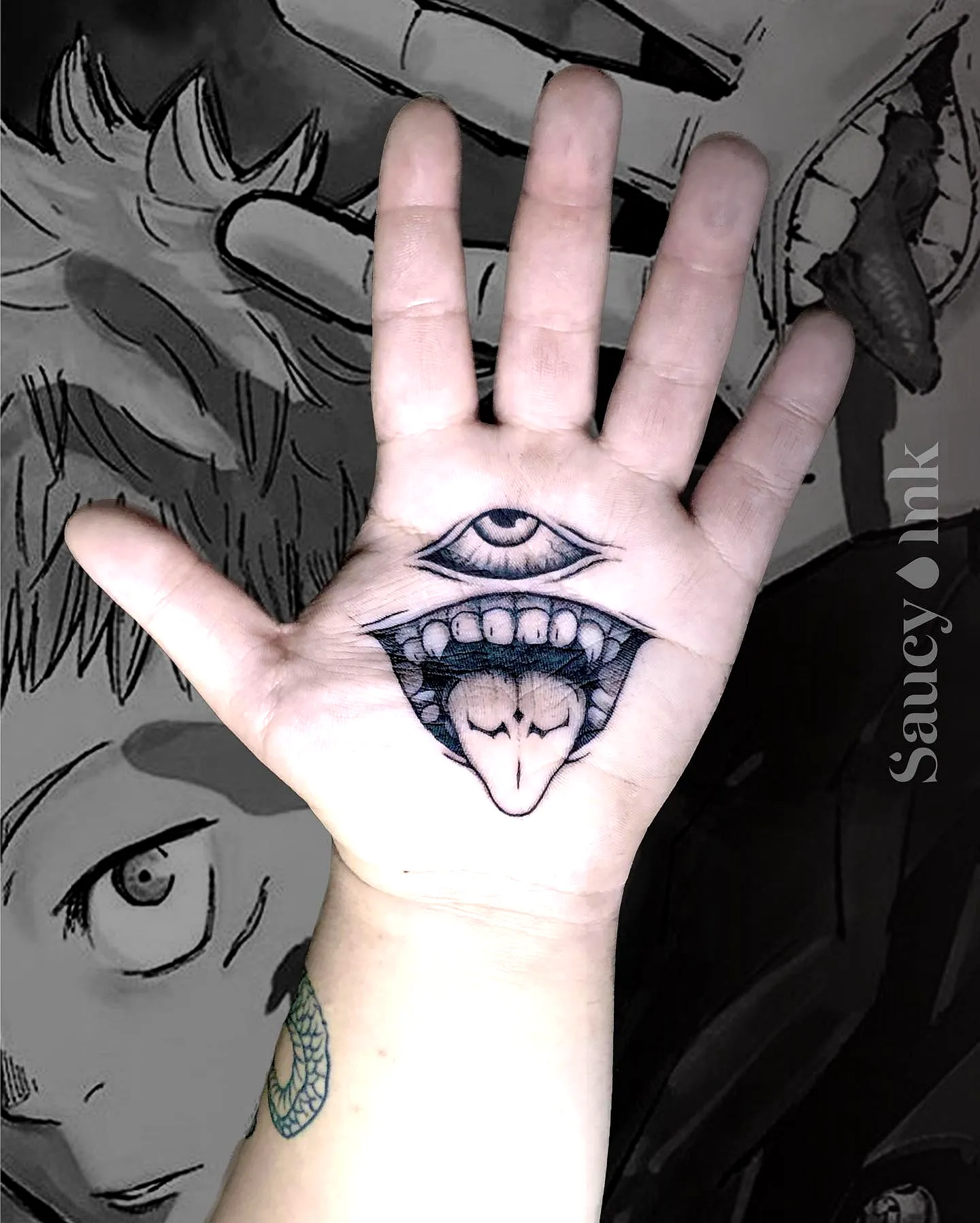 Intricate Eye and Tongue Hand Tattoo
