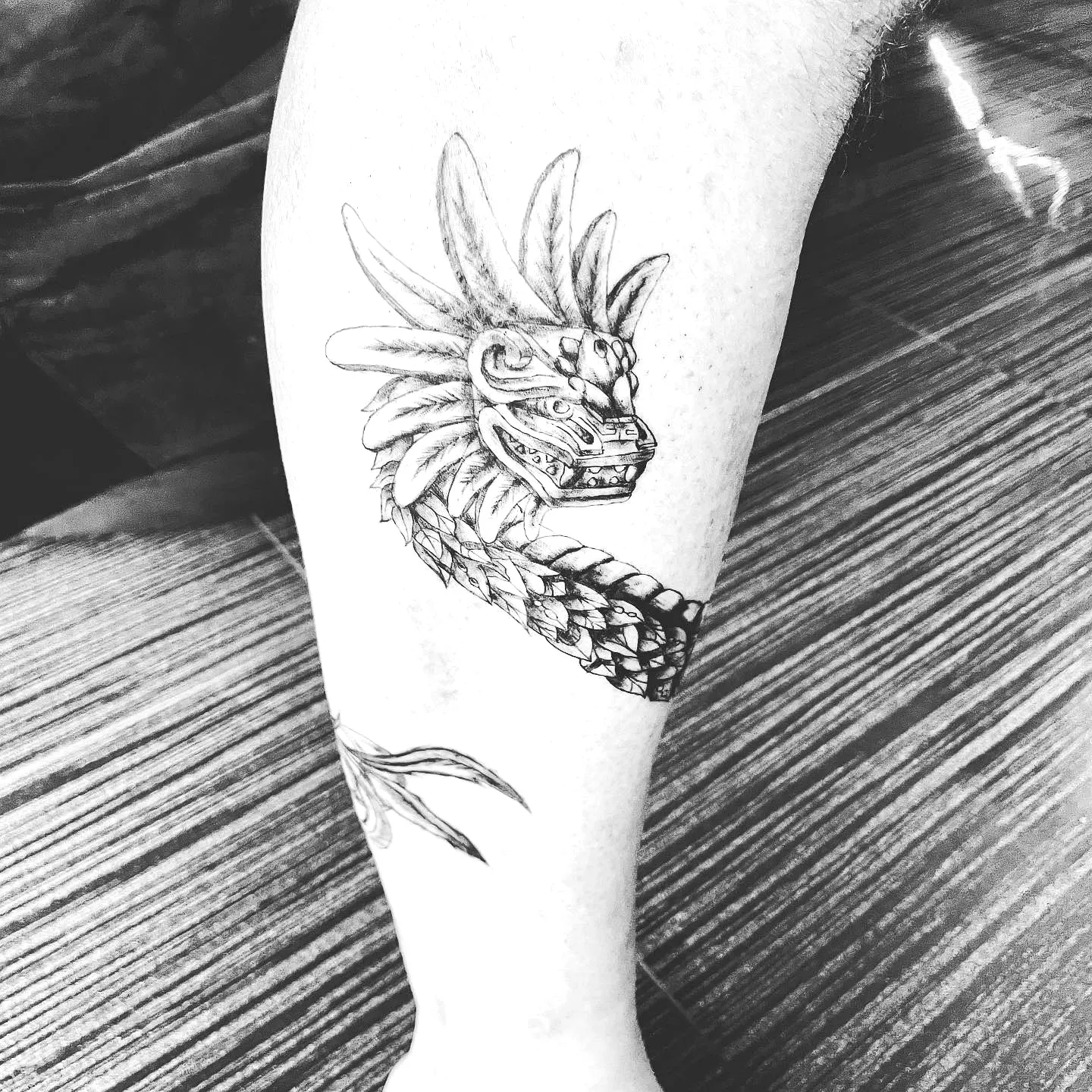 Kukulcan Lion-Head Dragon Leg Tattoo