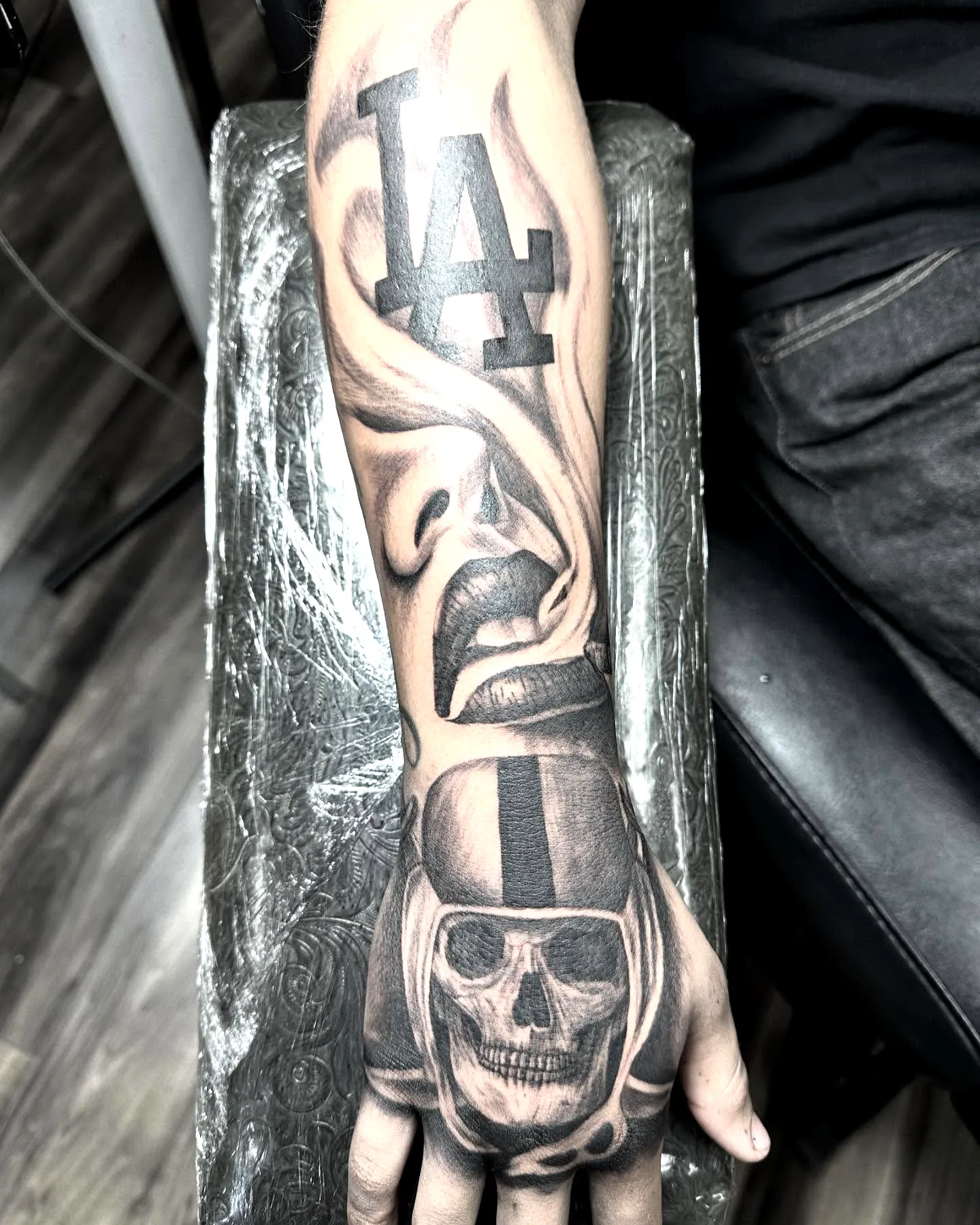LA Skull Smoke Forearm Tattoo