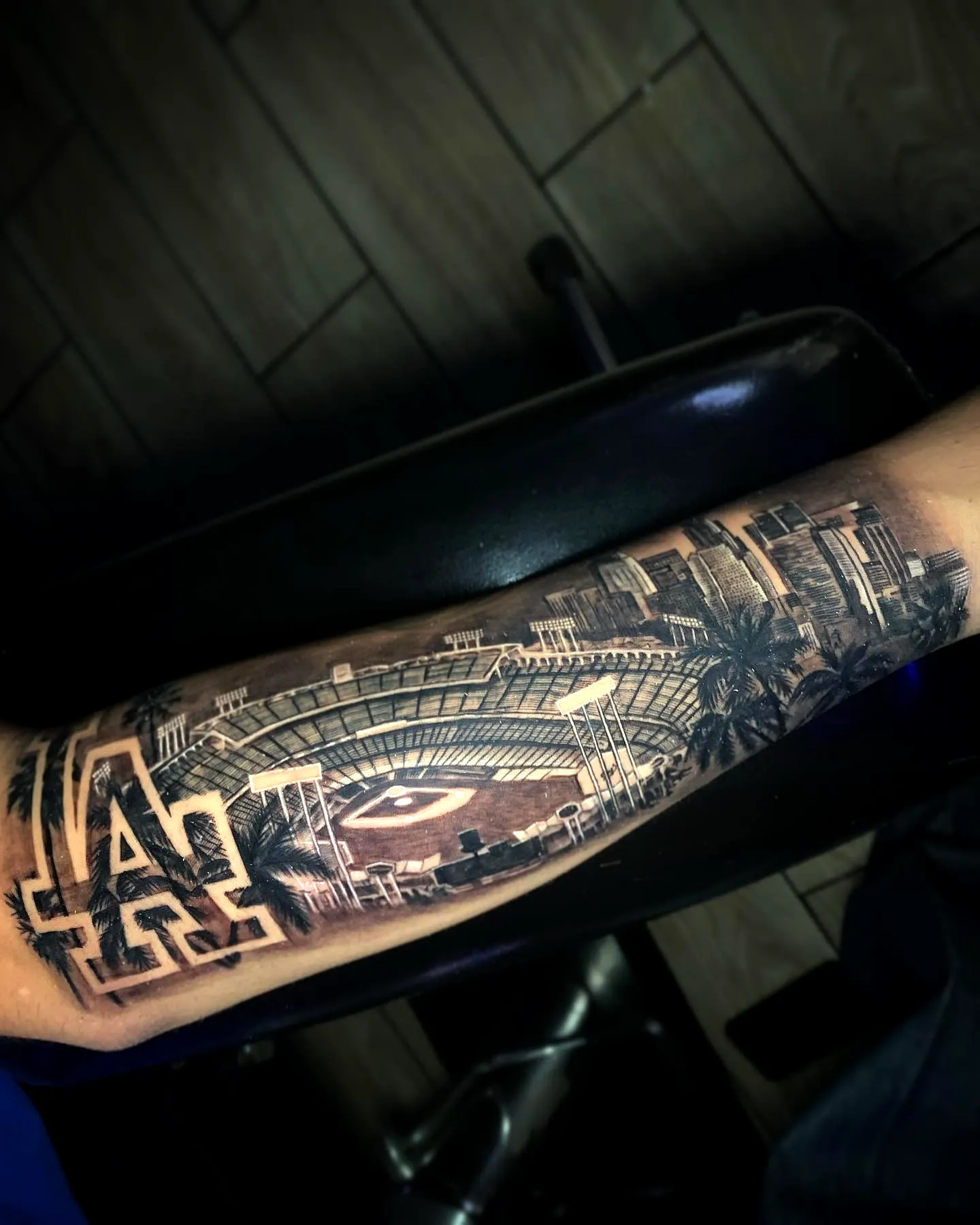 LA Stadium Forearm Tattoo in Black Gray