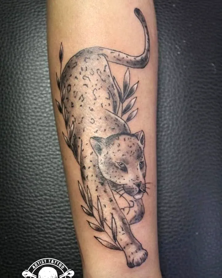Leopard Forearm Tattoo with Leaves