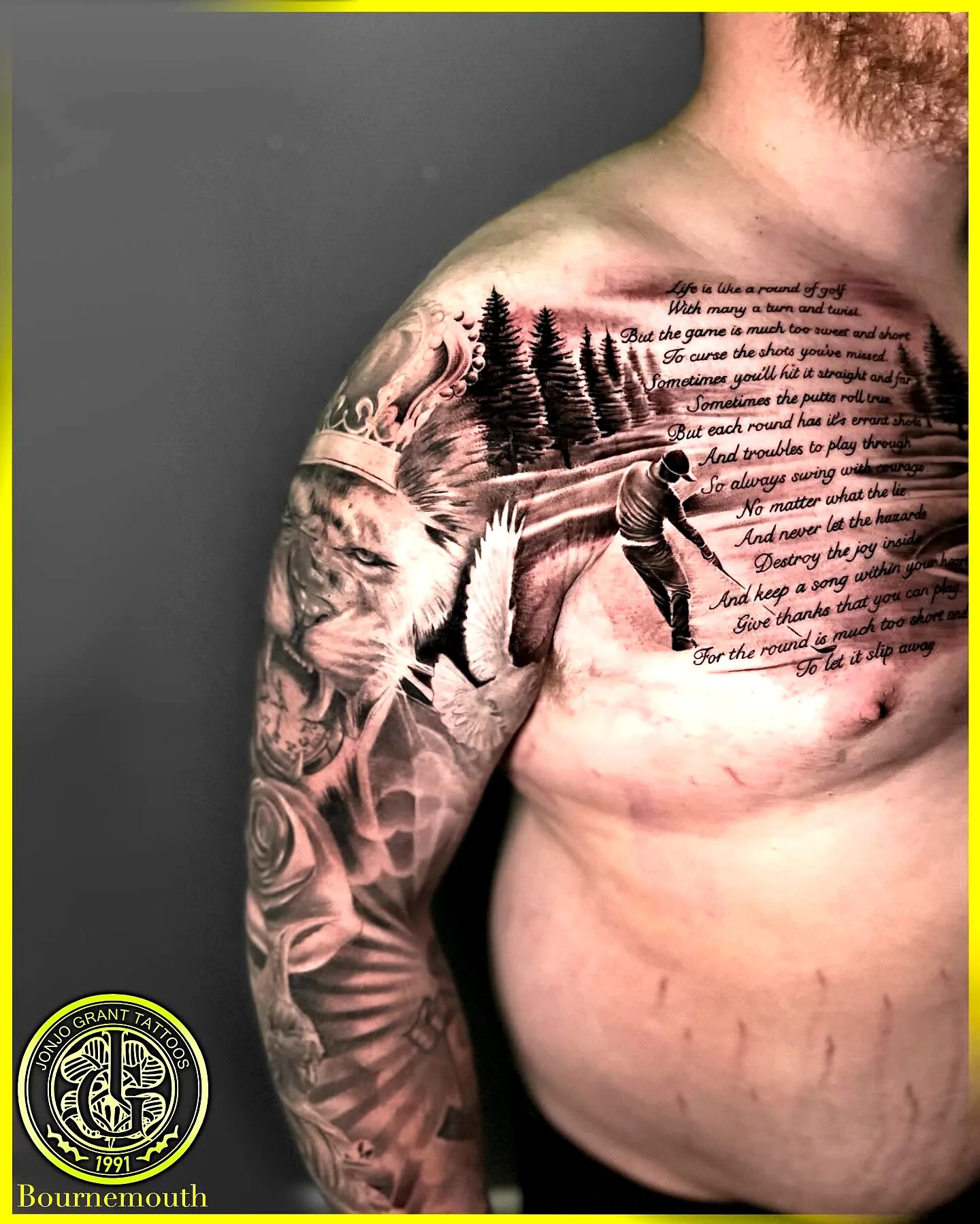 Lion Forest Arm Tattoo in Dark Ink