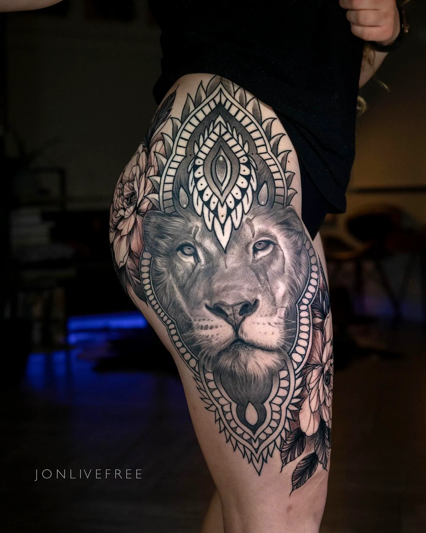 Lion Mandala Thigh Tattoo