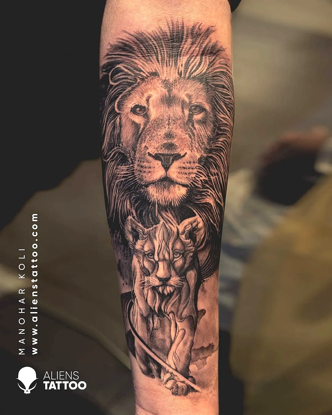 Lioness Forearm Tattoo in Black and Grey