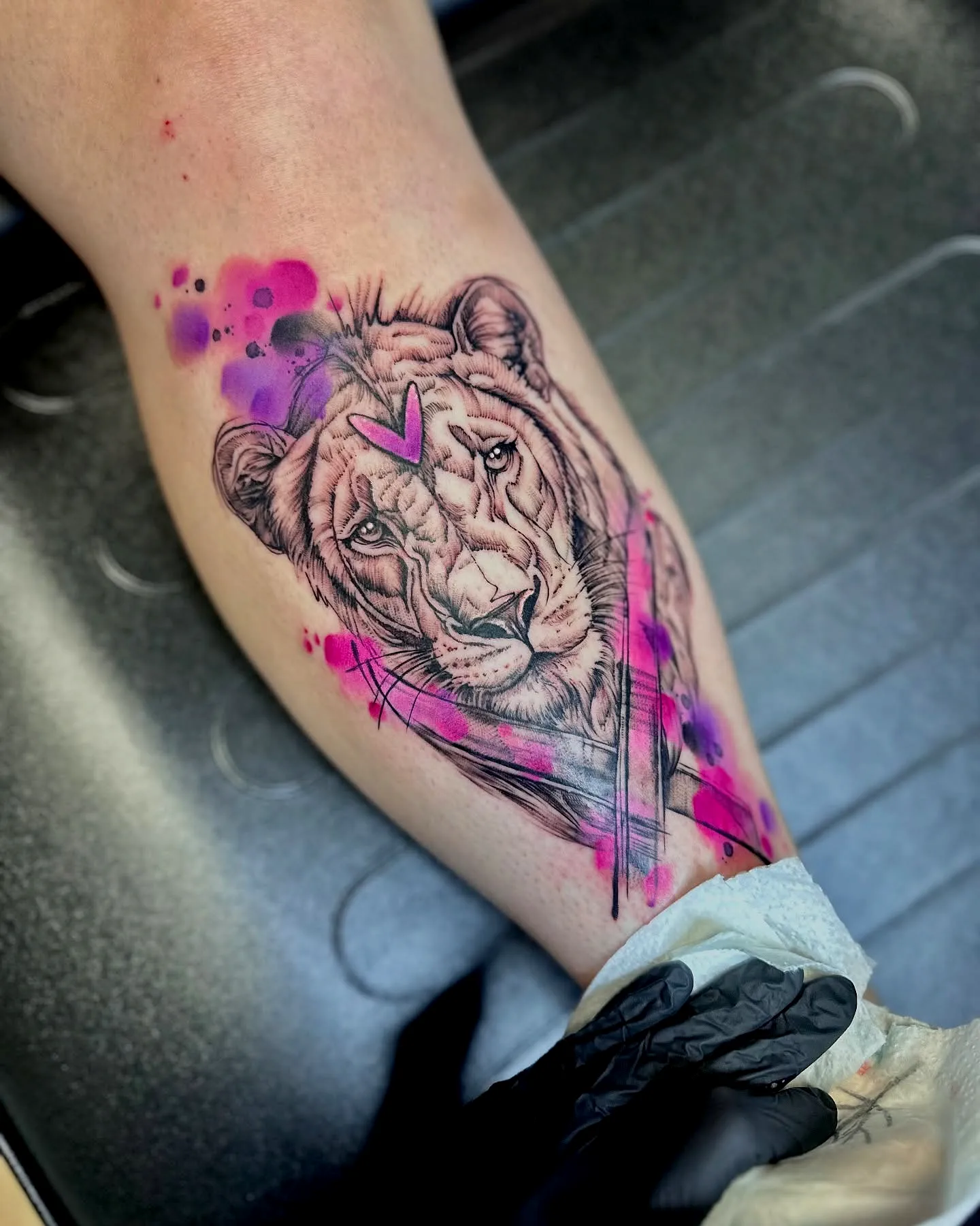 Lions Face Calf Tattoo with Watercolor