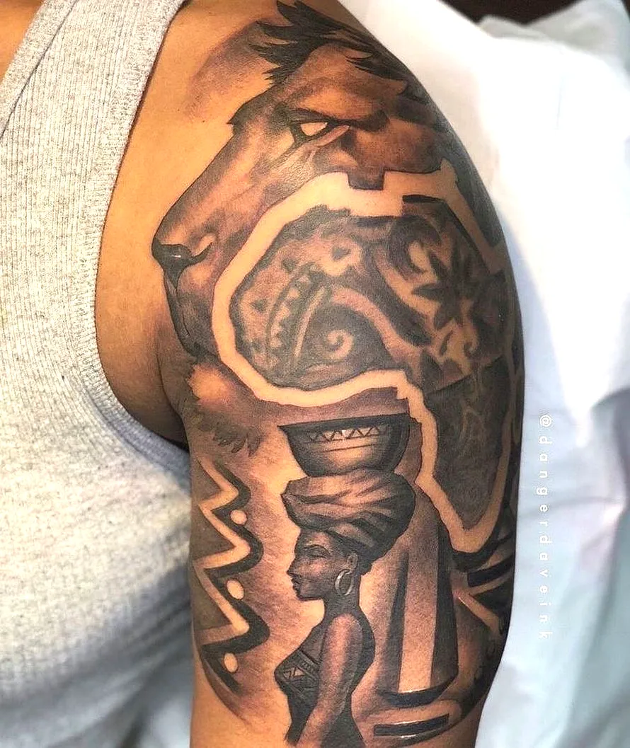 Lions Head Woman Arm Tattoo in Black Grey