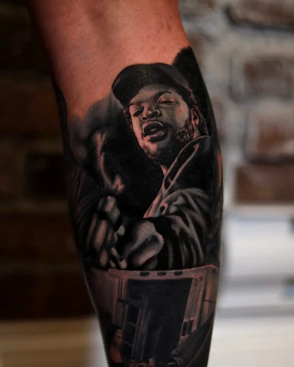 Man Calf Tattoo - Realistic Portrait