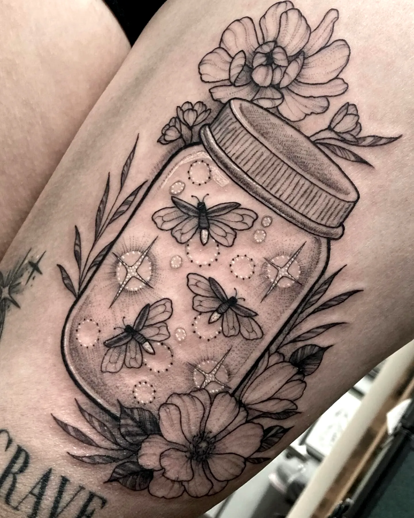 Mason Jar Flowers Thigh Tattoo
