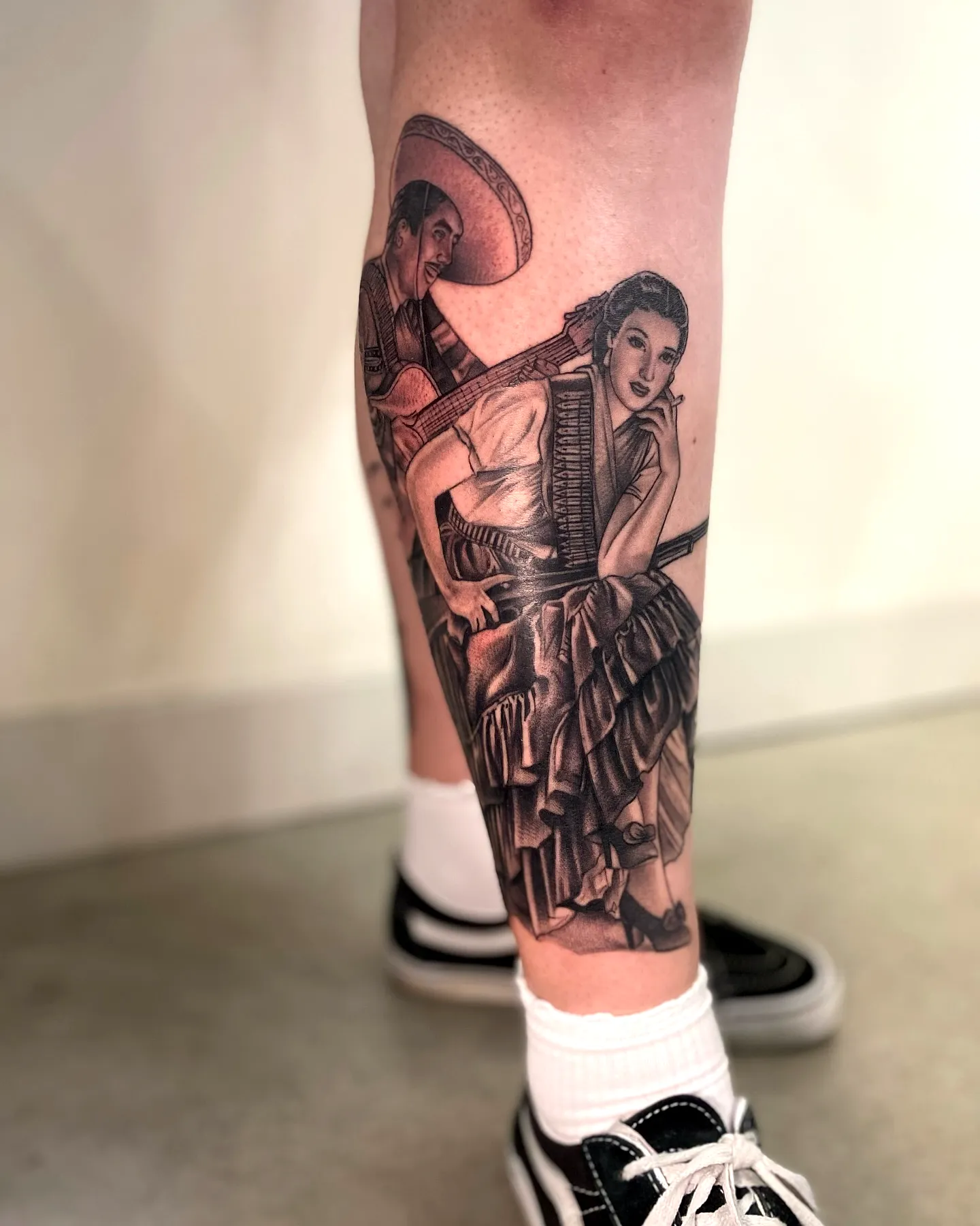 Mexican Calf Tattoo with Woman and Guitar